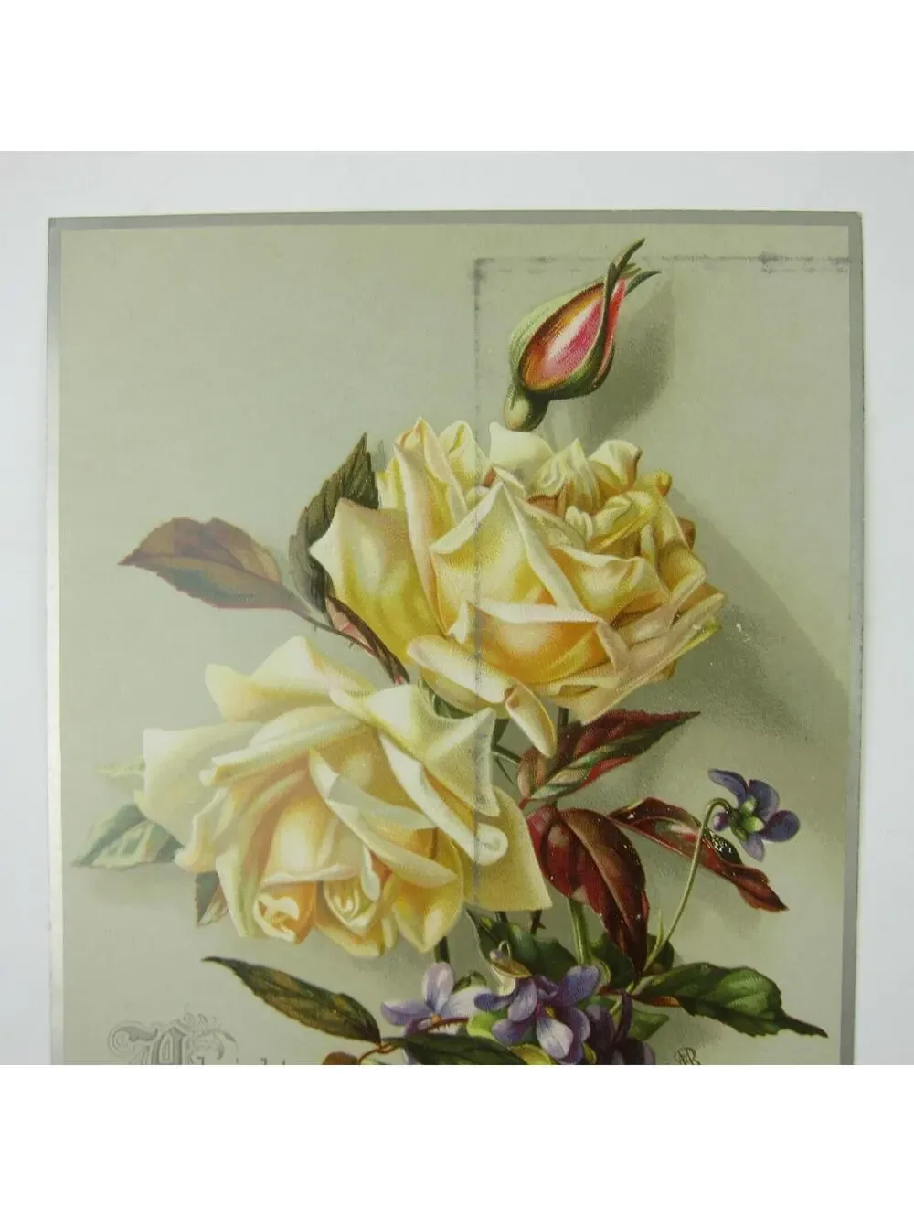 Victorian Christmas Card Yellow Roses Purple Flowers Raphael Tuck & Sons Antique